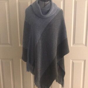 Chico’s Blue & Gray Cowl Neck Poncho with Fringe and Silver Metallic Threads OS